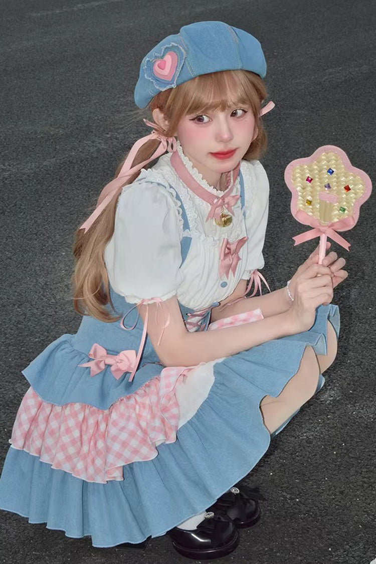 Blue/Pink [Rock Ballet] Printed Triple-Layered Ruffled Bow Lace-Up Sweet Lolita Jsk Dress - Product - 7