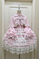 Pink [Knot of the Crossed Heart] Sleeveless Multi-Layered Ruffle Hanayome Cardigan Bowknot Lace Lace-Up Sweet Lolita Jsk Dress - Product - 2