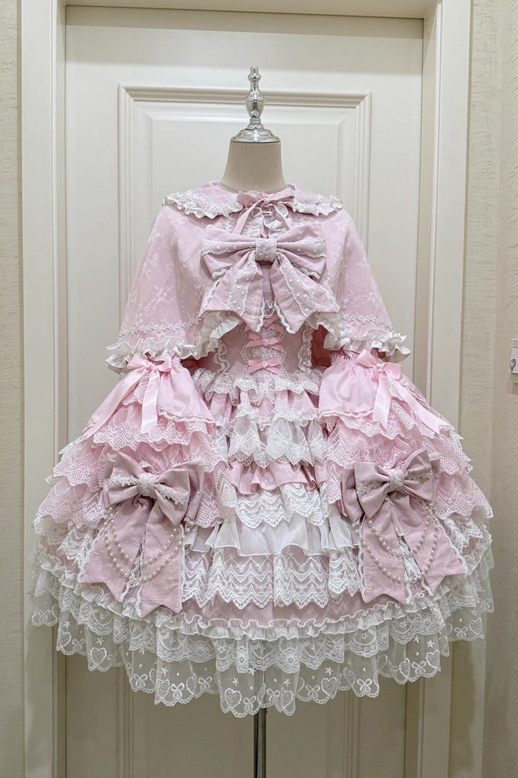 Pink [Knot of the Crossed Heart] Sleeveless Multi-Layered Ruffle Hanayome Cardigan Bowknot Lace Lace-Up Sweet Lolita Jsk Dress - Product - 2