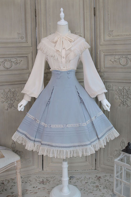 Solid Color Baroque Manor Bowknot High Waisted Ruffled Sweet Lolita Skirt 3 Colors - Blue - 14