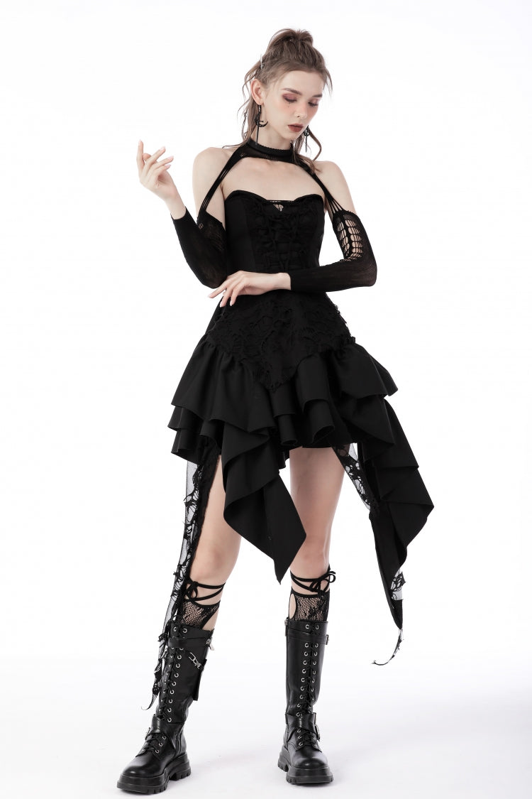 Black Sleeveless Multi-Layered Irregular Frilly Zippered Women's Gothic Evening Dress - Product - 9