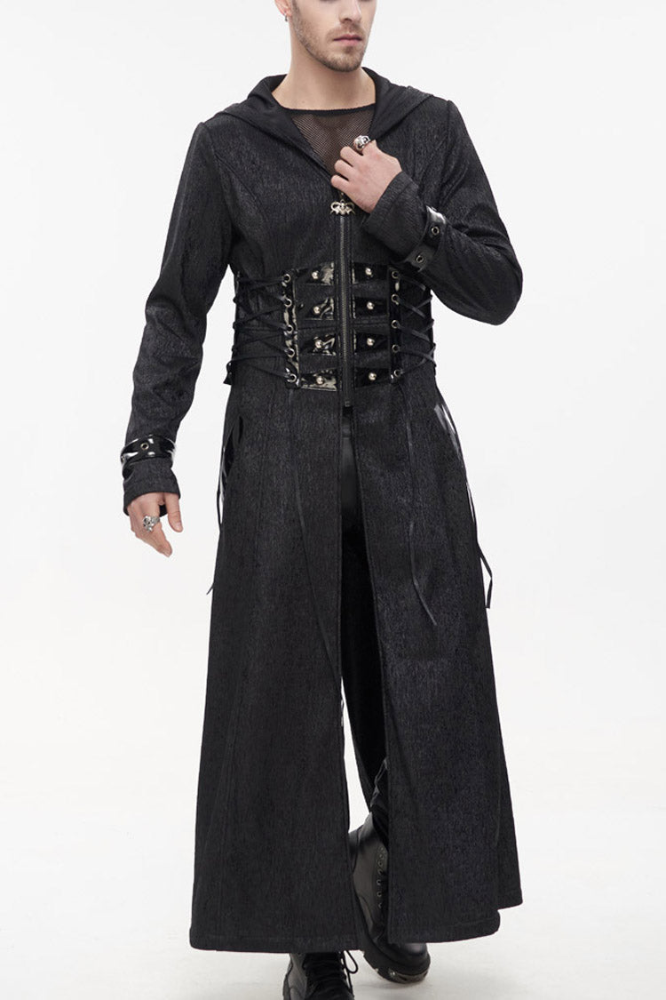 Black Punk Stripe Mechanism Material Adjustable Stitching Fake Girdle Design Slim Fit Men's Coat - Black - 1