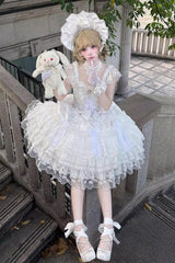 White [Moonlit Sakura Ode] Sleeveless Multi-Layered Ruffled Bow Lace Sweet Lolita Dress - Product - 2