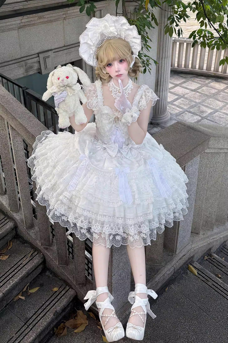 White [Moonlit Sakura Ode] Sleeveless Multi-Layered Ruffled Bow Lace Sweet Lolita Dress - Product - 2