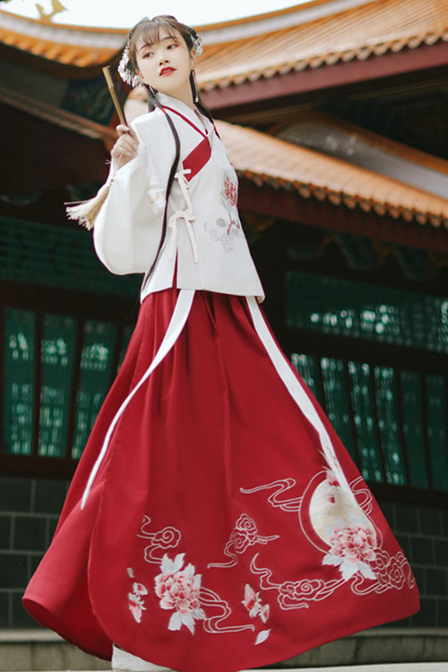 Red/White Chinese Style Ming Dynasty Ancient Costume Cross Collar Handmade Embroidery Sweet Hanfu Dress Two Piece - Product - 2