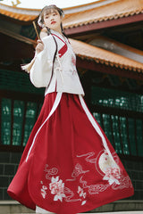 Red/White Chinese Style Ming Dynasty Ancient Costume Cross Collar Handmade Embroidery Sweet Hanfu Dress Two Piece - Product - 2