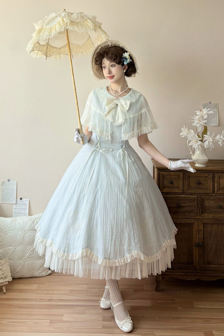 Light Blue [Wind Chime] Ruffled Embroidered Bow Lace Lace-Up Sweet Lolita Dress - Light-Blue - 1