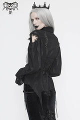 Black Front Chest Webbing Appliques Hollow-Out Lantern Sleeve Flare Cuff Back Waist Lace Up Women's Gothic Blouse - Product - 3