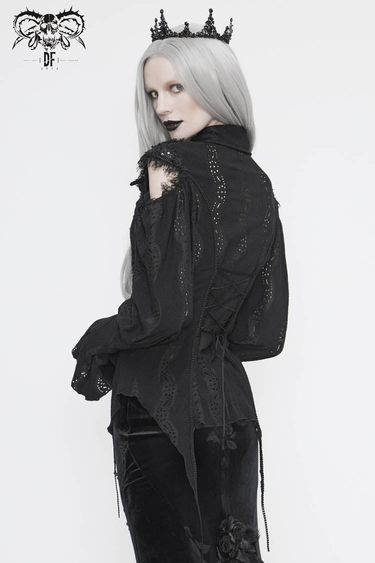 Black Front Chest Webbing Appliques Hollow-Out Lantern Sleeve Flare Cuff Back Waist Lace Up Women's Gothic Blouse - Product - 3