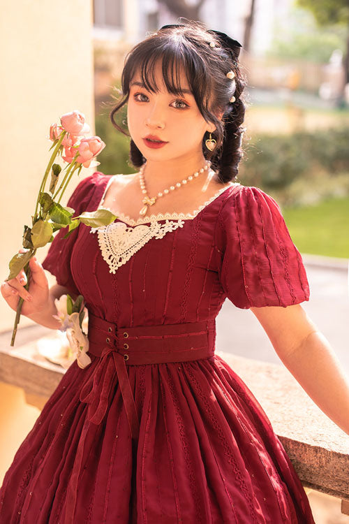 Wine Elegant Vintage Square Collar Short Sleeves Multi-Layer Ruffled Classic Lolita OP Dress - Product - 6