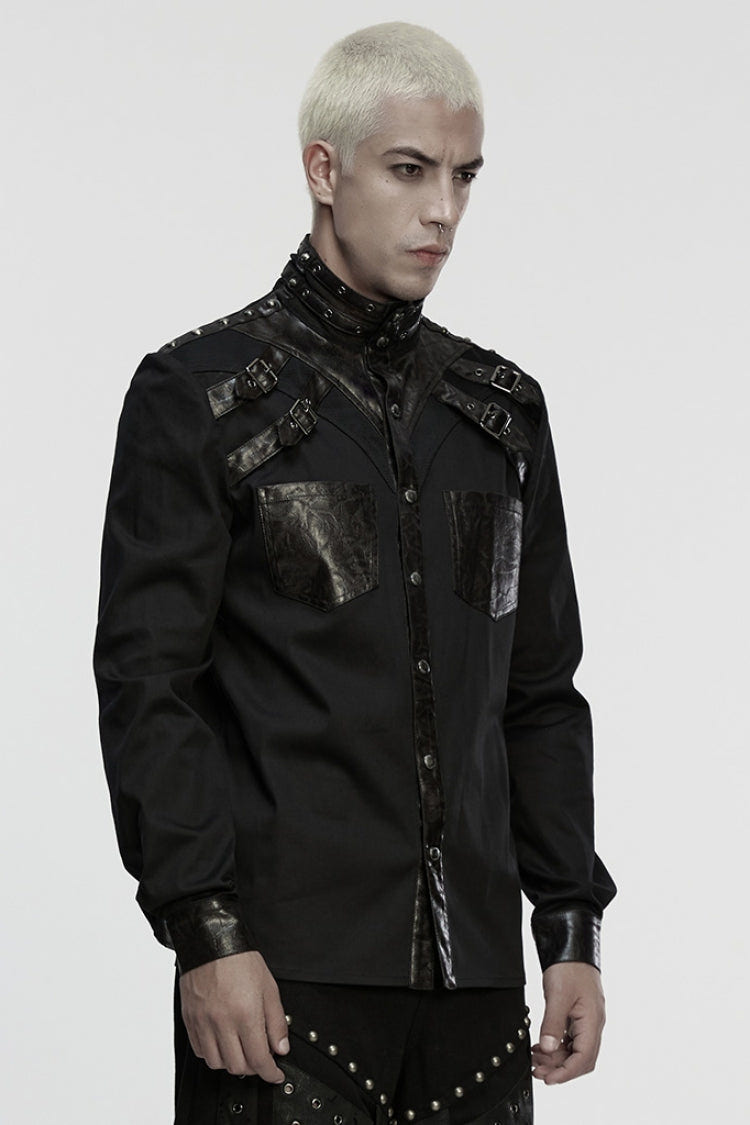 Black Stand Collar Long Sleeves Rivet Buckle Straps Eyelet Men's Punk Blouse - Product - 2