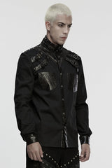 Black Stand Collar Long Sleeves Rivet Buckle Straps Eyelet Men's Punk Blouse - Product - 2