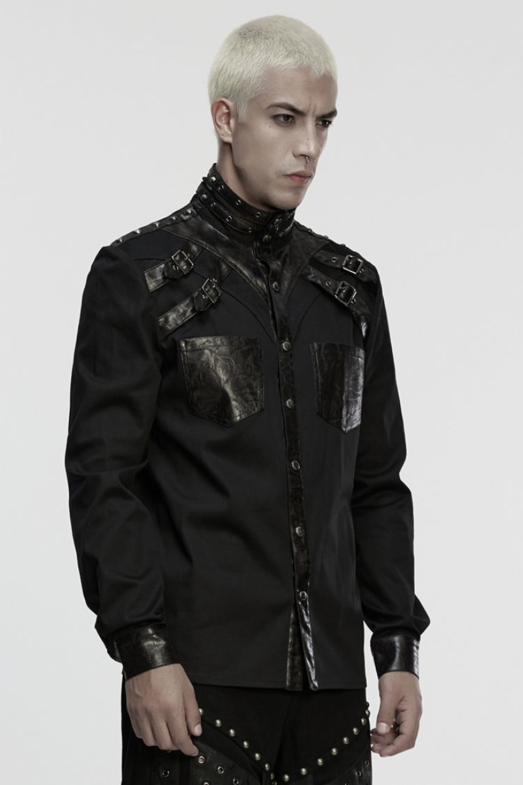 Black Stand Collar Long Sleeves Rivet Buckle Straps Eyelet Men's Punk Blouse - Product - 2