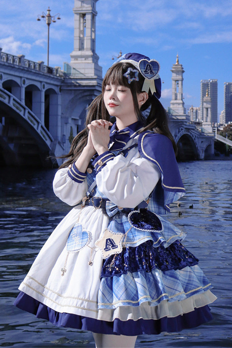 White/Blue [Starlight Academy Style] Long Sleeves Printed Ruffled Spliced Asymmetric Faux Two-Piece Sweet Lolita Dress - Product - 4