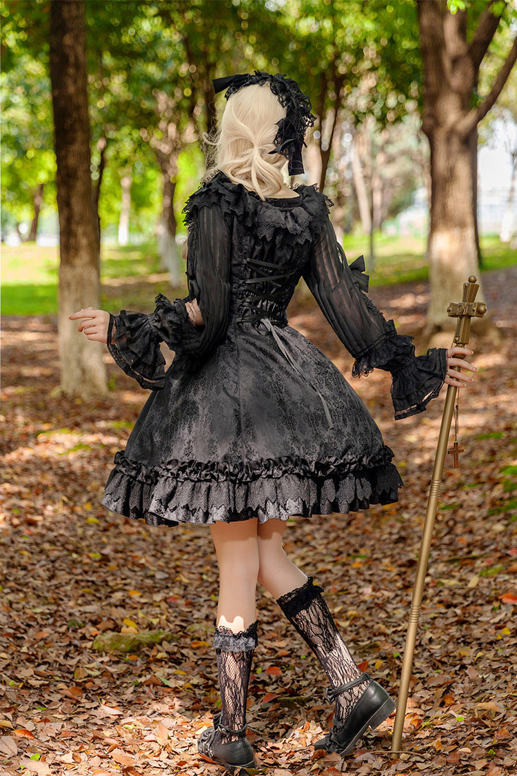 Black [Floral Canon] Round Collar Sleeveless Jacquard Printed Ruffled Bow Gothic Lolita Jsk Dress - Product - 2