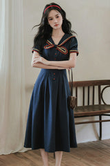 Dark Blue Navy Collar Short Sleeves Subtle Pattern Bow Classic College Style Lolita Dress - Product - 12
