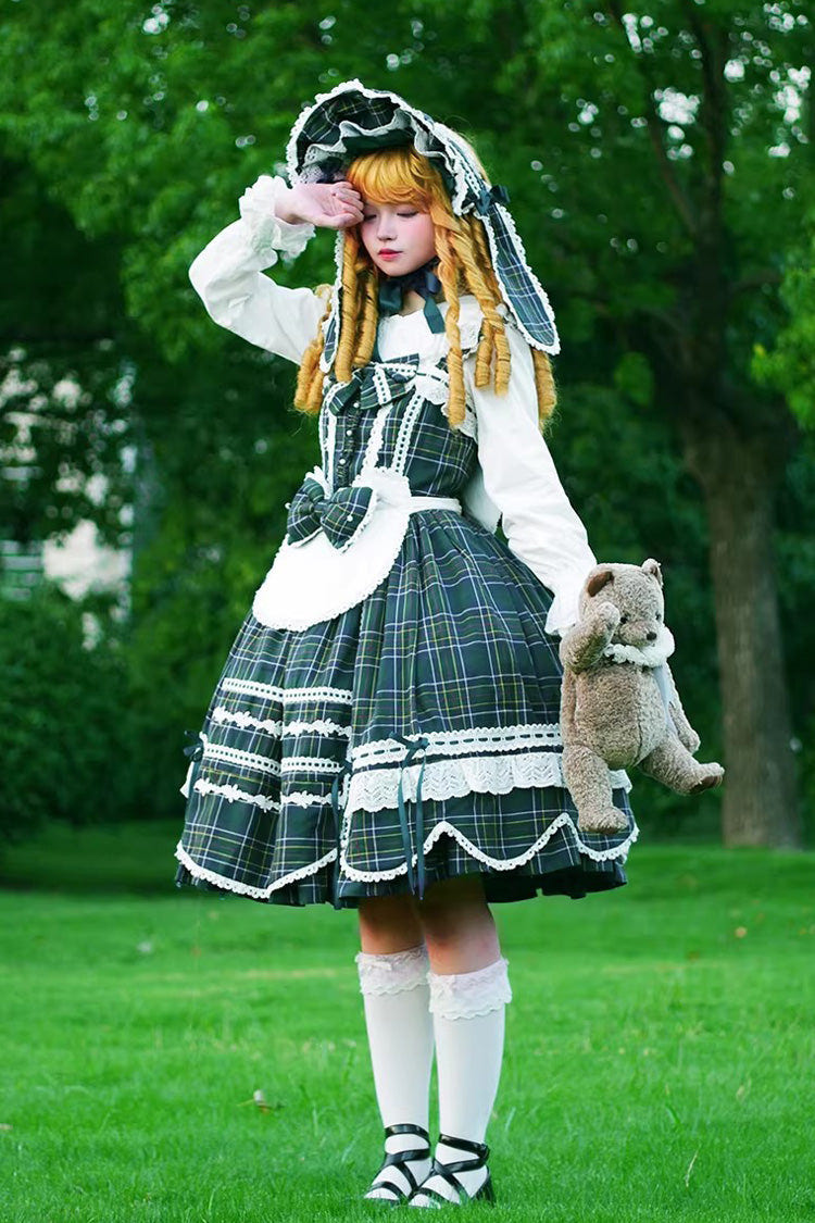 Green [Gingham Petal Bunny] Printed Ruffled Bow Sweet Lolita Jsk Dress - Product - 8