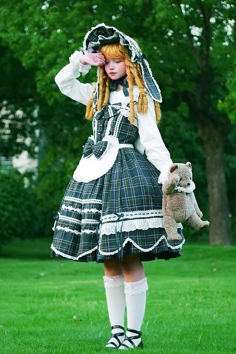 Green [Gingham Petal Bunny] Printed Ruffled Bow Sweet Lolita Jsk Dress - Product - 8
