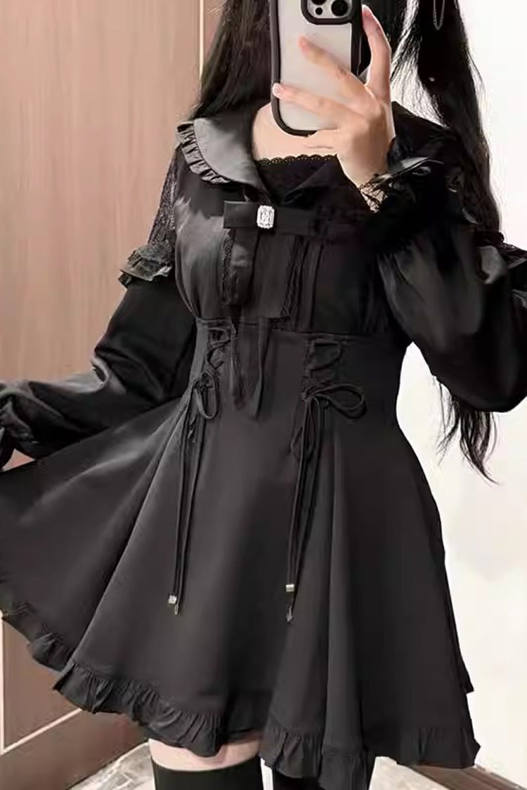 Black [Truffle Forest] Long Sleeves Ruffle Stitching Lace-Up Jirai Kei Japanese Dress Shorts Set - Product - 5