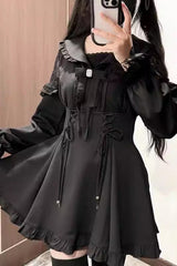 Black [Truffle Forest] Long Sleeves Ruffle Stitching Lace-Up Jirai Kei Japanese Dress Shorts Set - Product - 5