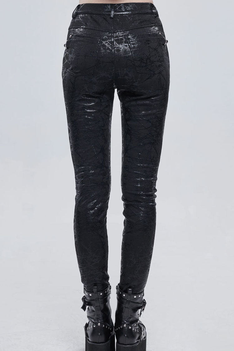 Black Punk Knitted Over Glue Metal Buckle Decoration Elasticity Leather Women's Leggings - Product - 4