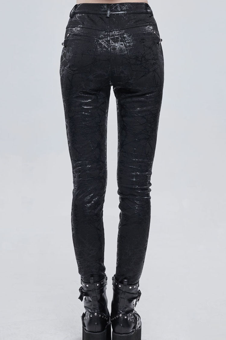 Black Punk Knitted Over Glue Metal Buckle Decoration Elasticity Leather Women's Leggings - Product - 4