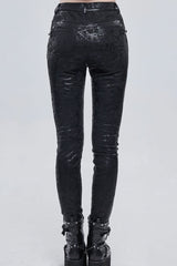 Black Punk Knitted Over Glue Metal Buckle Decoration Elasticity Leather Women's Leggings - Product - 4