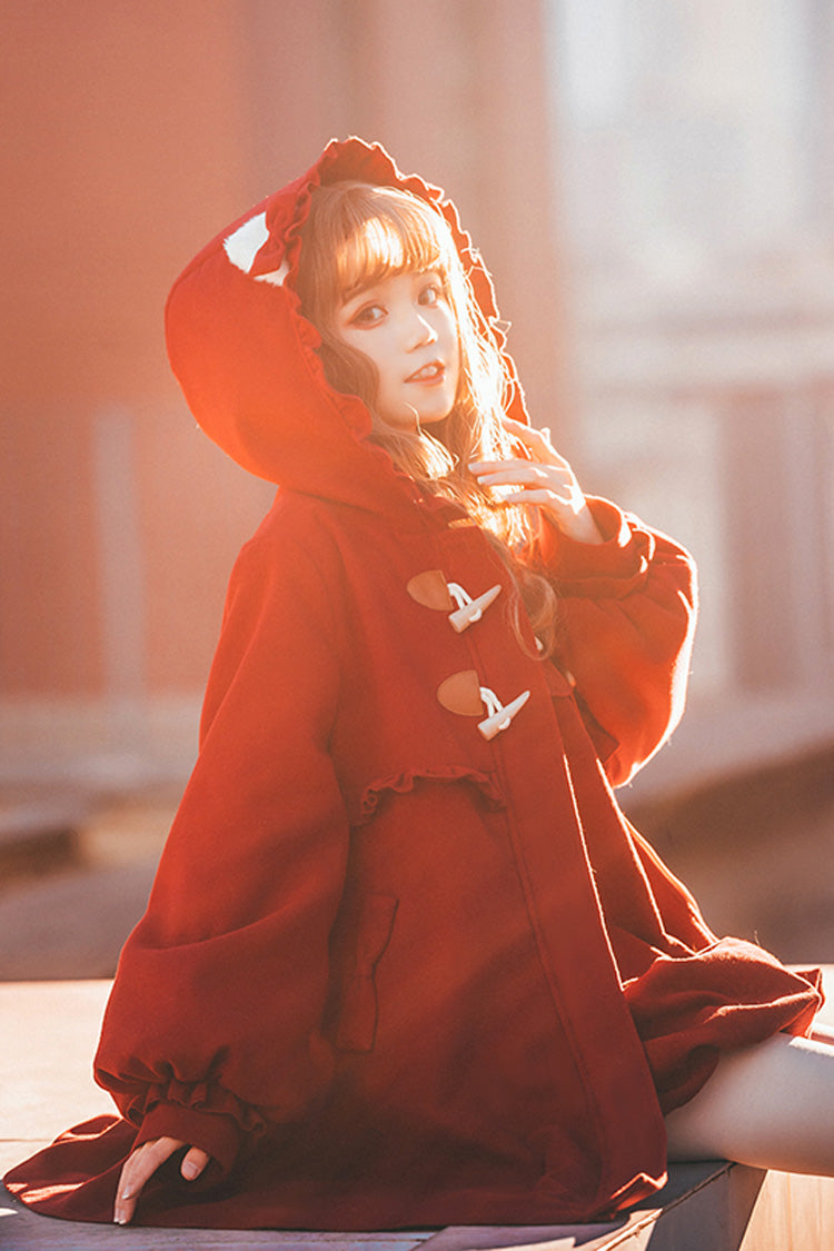 Red Cat Tail Long Sleeves Ruffle Bowknot Hooded Sweet Lolita Coat - Product - 9