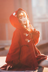 Red Cat Tail Long Sleeves Ruffle Bowknot Hooded Sweet Lolita Coat - Product - 9