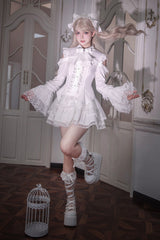 White [Snowy Night Princess] Lapel Collar Long Hime Sleeves Ruffled Bow Lace Gothic Jirai Kei Japanese Skirt Set - Product - 9
