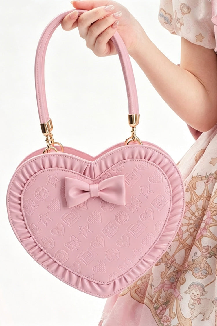 Heart‑Shaped Bow Sweet Lolita Handbag/Crossbody with Ruffled Trim 3 Colors - Product - 7