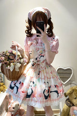 Panda Peach Print Bowknot Sweet Lolita Strap Dress 3 Colors - Product - 9