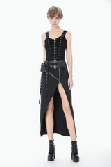 Black Women's Punk Eyelet Lace-Up Ripped Front Zippered Tank Top - Product - 6
