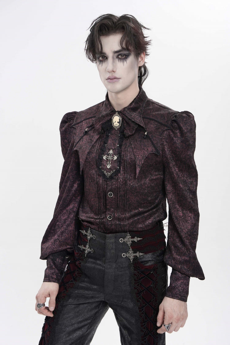 Red Lapel Collar Long Lantern Sleeves Jacquard Bow Men's Gothic Shirt - Product - 3