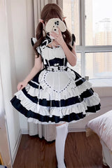 Black/White Love Double-Layered Ruffle Bowknot Sweet Plus Size Chinese Style Lolita Dress Full Set - Product - 5