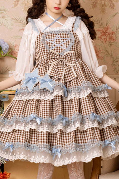 Brown Plaid Print Lace Layered Ruffled High Waist Sweet Lolita JSK Dress - Brown - 1