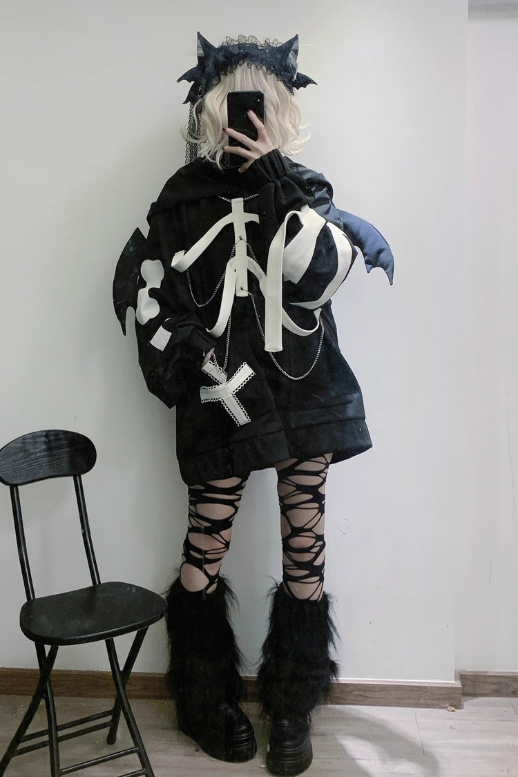 Black Devil Wings Long Sleeves Yabi Chain Bones Hooded Gothic Jirai Kei Coat - Product - 2