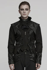 Black Stand Collar Long Sleeves Jacquard Stitching Swallow-tailed Men's Gothic Coat - Black - 1