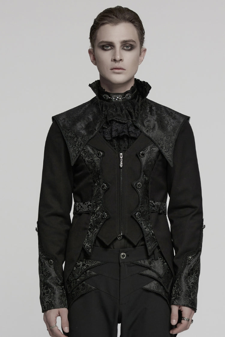 Black Stand Collar Long Sleeves Jacquard Stitching Swallow-tailed Men's Gothic Coat - Black - 1