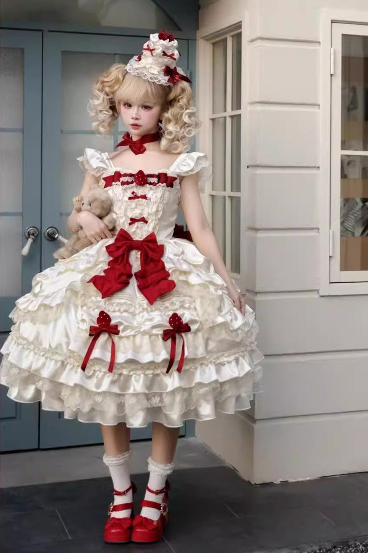Apricot [Berry Endless] Square Collar Sleeveless Multi-Layered Ruffled Embroidered Bow Lace Sweet Lolita Jsk Dress - Product - 10