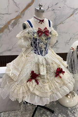 Blue/Ivory Snow White Off Shoulder Ruffle Cardigan Bowknot Lace Sweet Gorgeous Lolita Dress - Blue/Ivory - 1