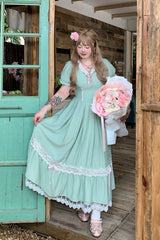 Green V Collar Short Sleeves Ruffled Lace Sweet Plus Size Lolita Dress - Product - 11