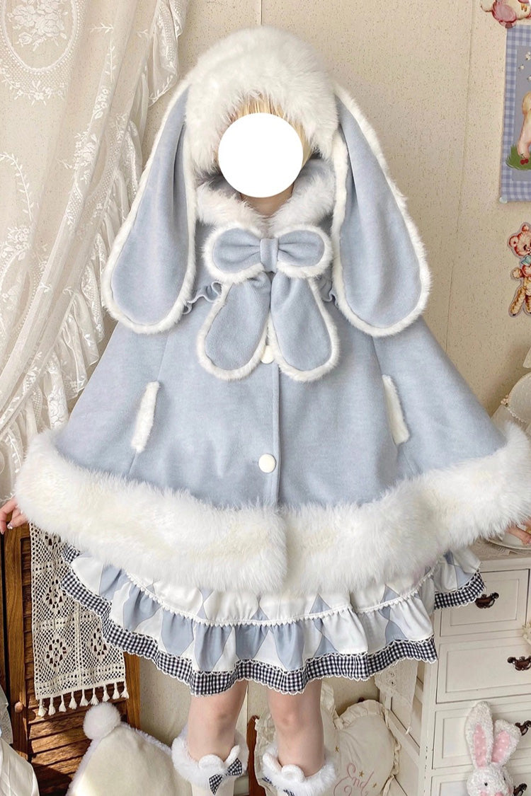 [Woolen Rabbit Ears] Bow Lop-eared Rabbit Sweet Lolita Cloak Coat - Blue - 5