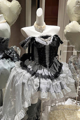 Black/Grey [Love Poem] Boat Neck Sleeveless Multi-Layered Ruffle Bowknot Princess Classic Lolita Top  Skirt-Pants Set - Product - 2