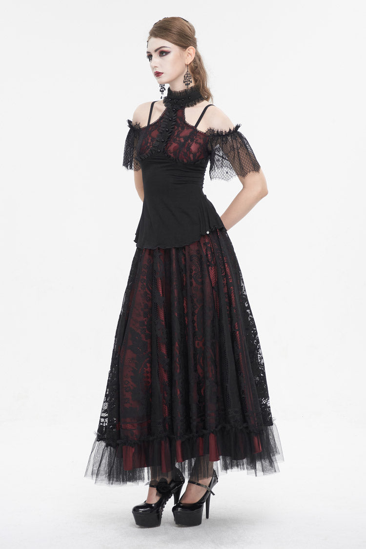 Black/Red Off Shoulder Lace Round Collar Splice Women's Gothic Shirt - Product - 6