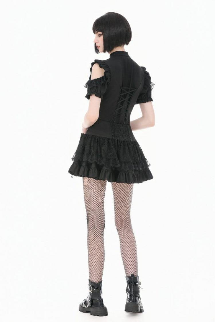 Black High Waisted Multi-Layered Ruffled Lace Patchwork Pocket Women's Punk Mini Skirt - Product - 9