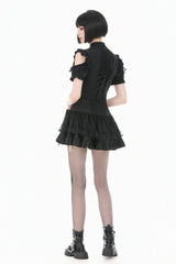 Black High Waisted Multi-Layered Ruffled Lace Patchwork Pocket Women's Punk Mini Skirt - Product - 9