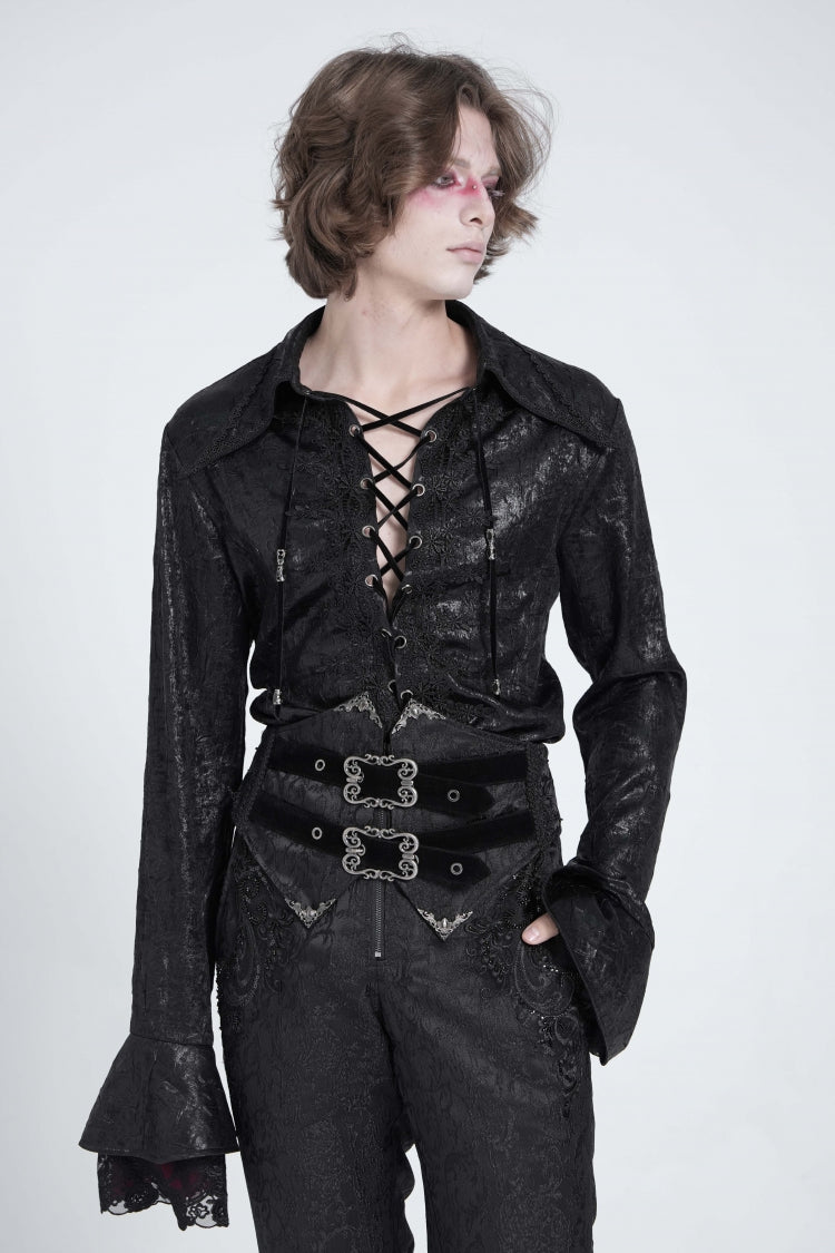 Black Long Trumpet Sleeves Lace-Up Men's Gothic Swallow-tailed Blouse - Product - 3