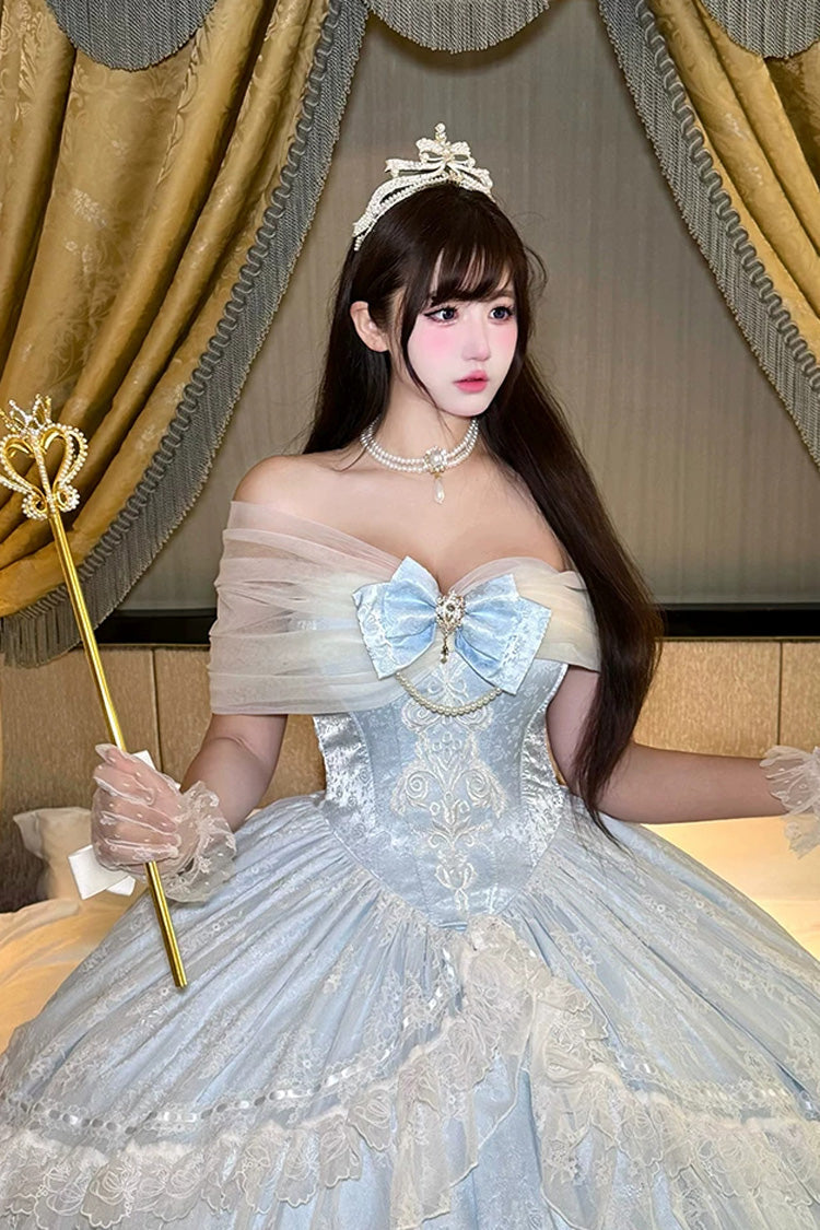 Blue [Midnight Magic at Twelve] Sleeveless Ruffled Hanayome Bow Lace Pearl-Decorated Princess Sweet Lolita Dress - Product - 2
