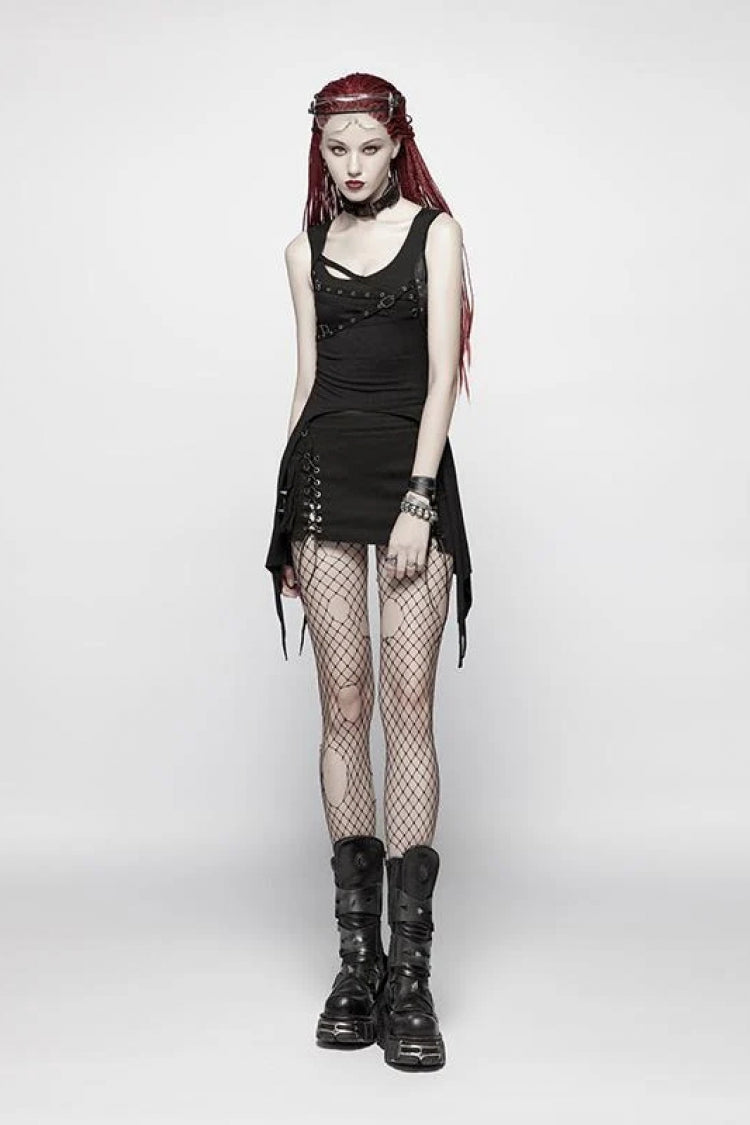 Black Metal Buckle Irregular Hem Women's Punk Vest - Product - 4